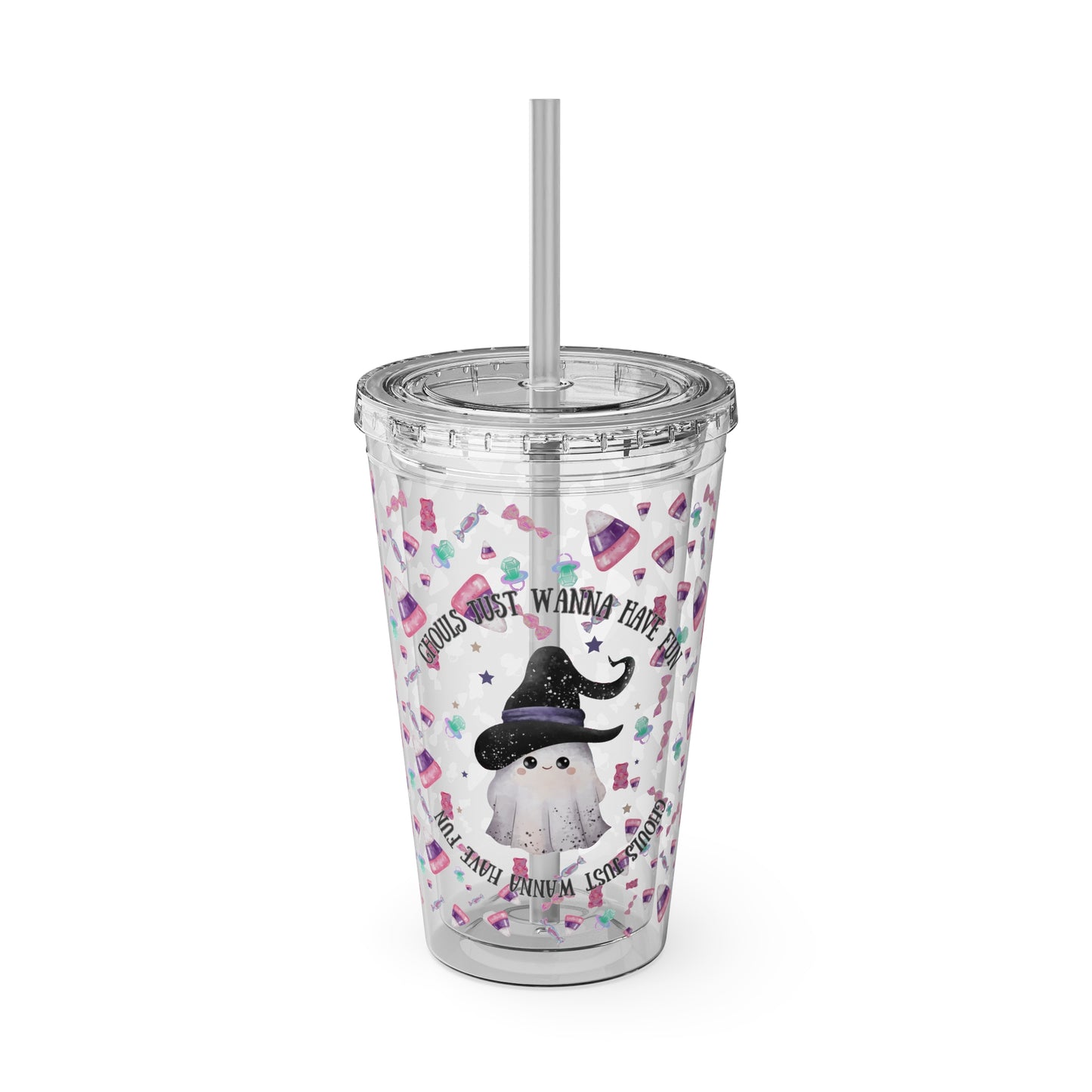 LIMITED STOCK! Halloween Sunsplash Tumbler with Straw, 16oz, Ghouls Just Wanna Have Fun Sunsplash Tumbler with Straw, 16oz