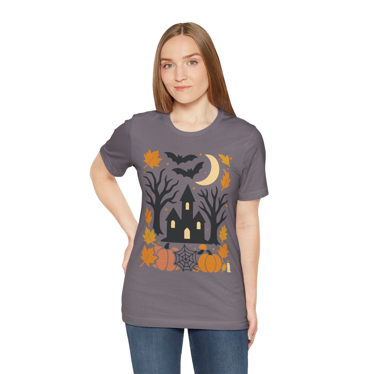 Halloween Haunted House Tee, Spooky Shirt, Fall Apparel, Unisex Halloween Top, Pumpkin & Bat Graphic Tee