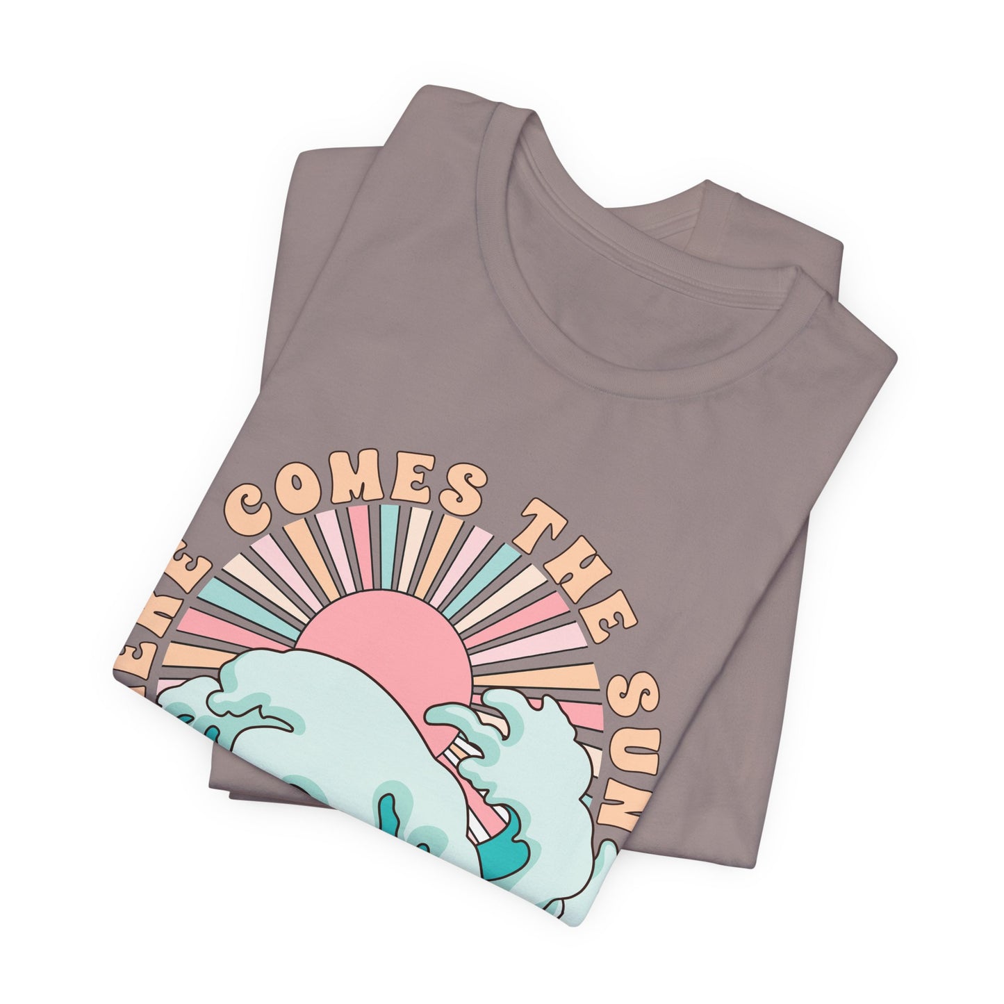 Unisex Beach Vibes Tee | Here Comes the Sun, Summer Shirt, Wave Art Tee, Gift for Ocean Lovers, Relaxed Summer Style