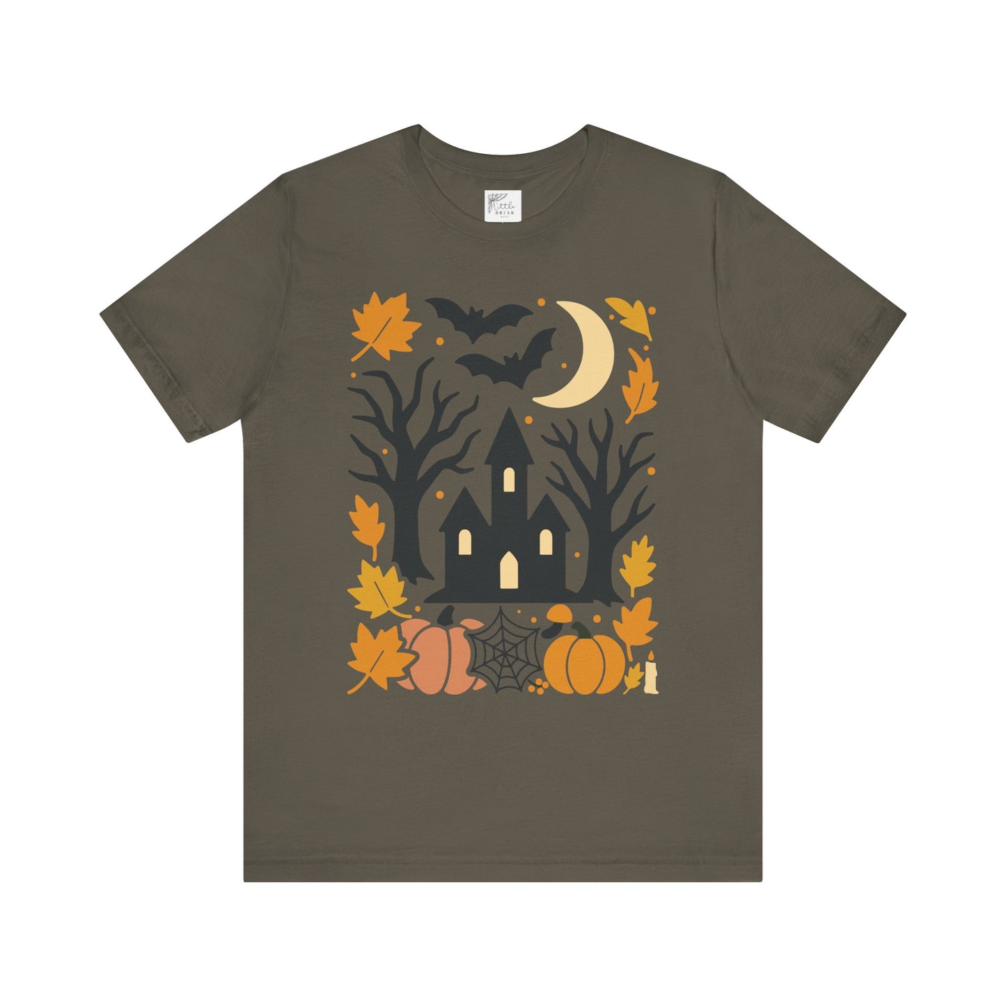 Unisex t-shirt with a haunted house, pumpkins, bats, and full moon Halloween graphic. halloween tee