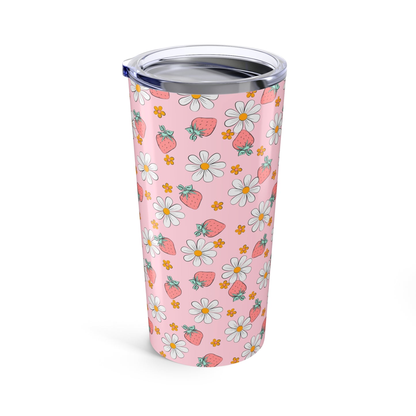 Floral Pattern Tumbler - 20oz Insulated Travel Mug, Pink Strawberry Design, Perfect for Summer Picnics, Gifts for Her, Reusable Drinkware