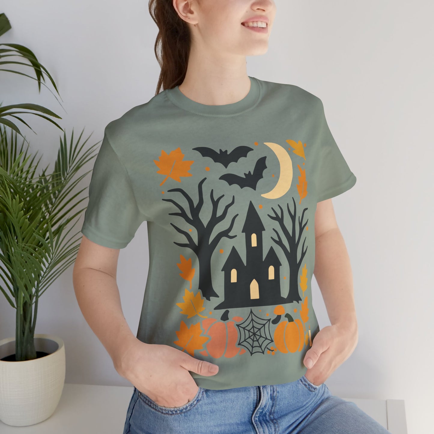 Halloween Haunted House Tee, Spooky Shirt, Fall Apparel, Unisex Halloween Top, Pumpkin & Bat Graphic Tee