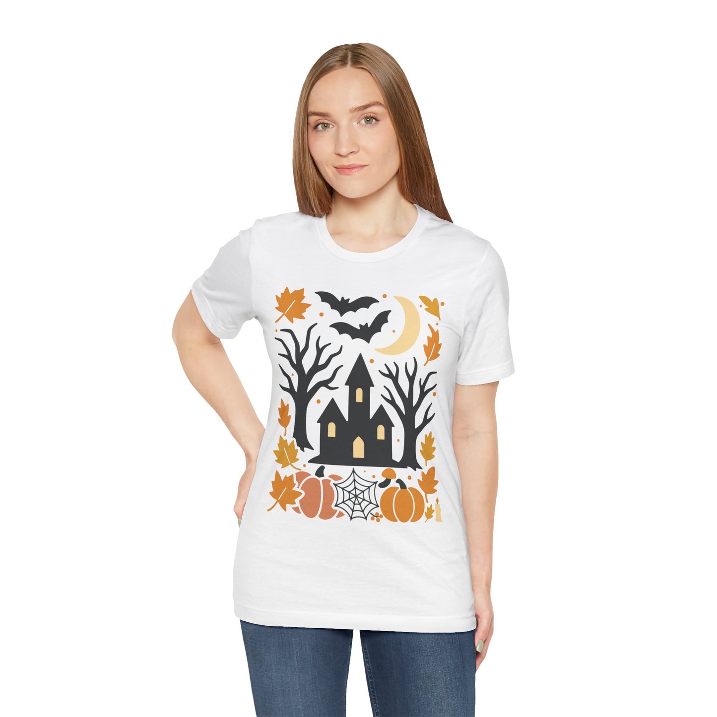 Halloween Haunted House Tee, Spooky Shirt, Fall Apparel, Unisex Halloween Top, Pumpkin & Bat Graphic Tee