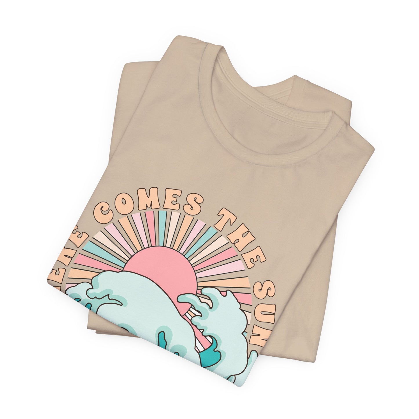 Unisex Beach Vibes Tee | Here Comes the Sun, Summer Shirt, Wave Art Tee, Gift for Ocean Lovers, Relaxed Summer Style