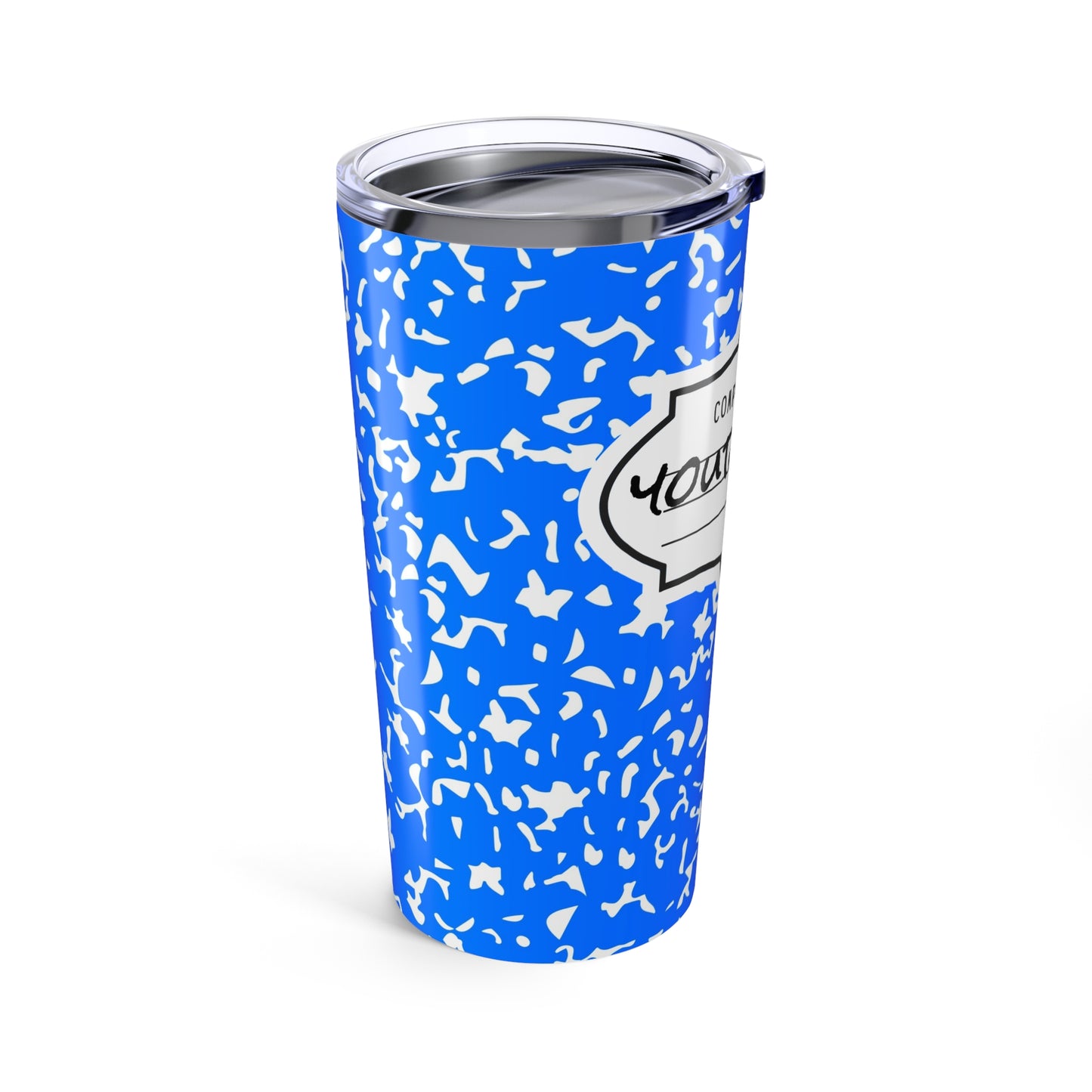 Personalized Composition Book Tumbler, Custom 20oz Travel Mug, Blue and White Insulated Cup, Ideal for Students, Teachers, Graduation Gift