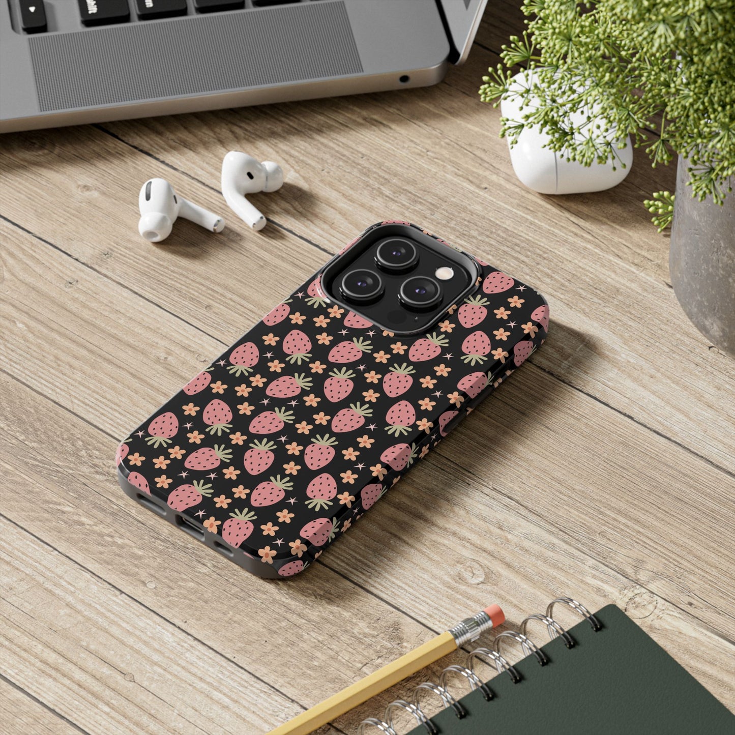 Cute Strawberry Pattern Tough Phone Cases, Floral Phone Cover, Protective Case, Gift for Her, Summer Vibes, Cute Accessories