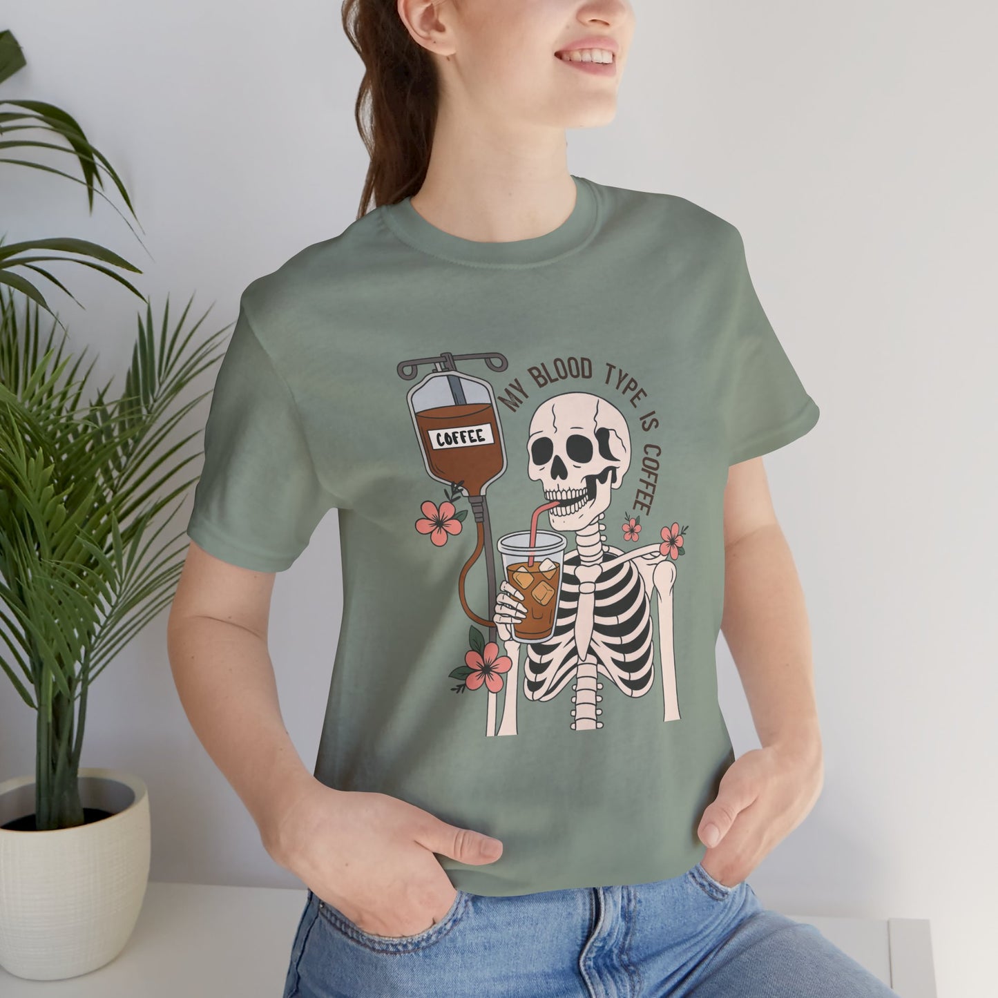 Coffee Lover's Skeleton Tee - Unisex Short Sleeve Shirt, Ideal Gift for Coffee Addicts, Fun Halloween Apparel, Quirky Coffee Shirt
