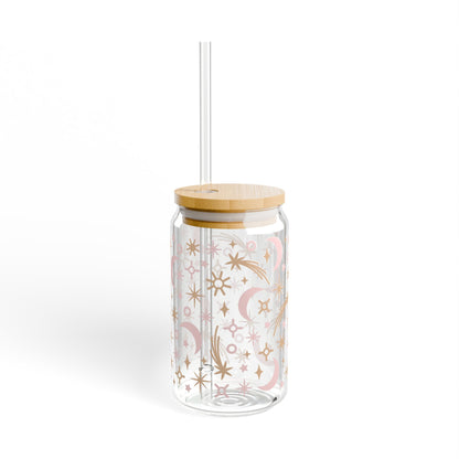 Celestial Sipper Glass, Starlit Water Bottle, Moon and Star Drinkware, Eco-Friendly Jar with Straw, Perfect for Gifts and Home Decor