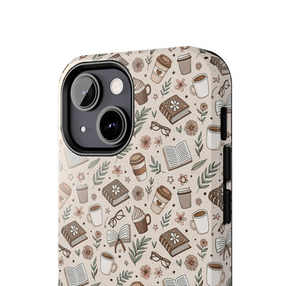 Cozy Books & Brews Tough Phone Cases - Literary Gift, Cute Coffee Pattern, Book Lover Accessory, Unique Phone Cover, Gift for Readers