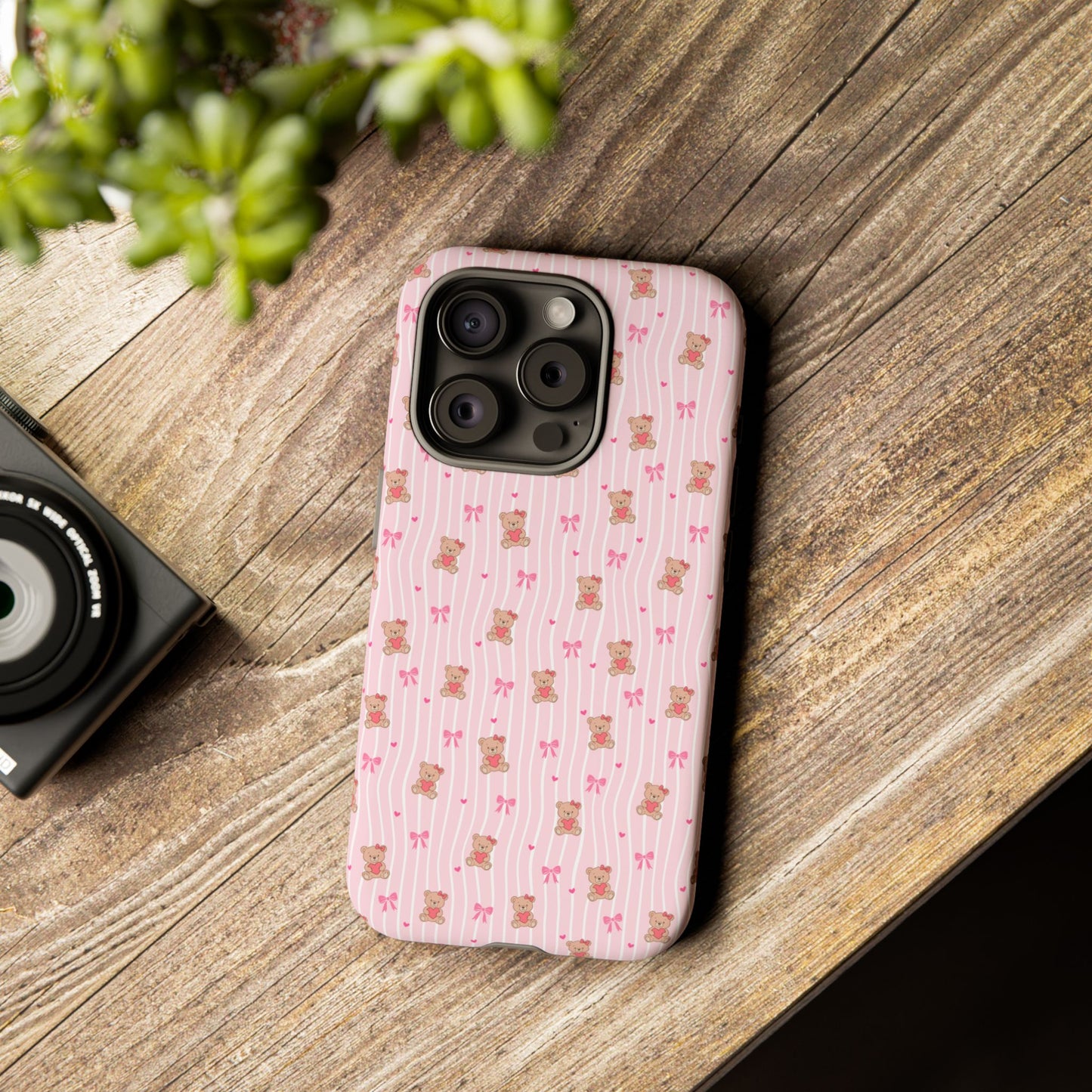 Cute Teddy Bear Pink Stripe Phone Case