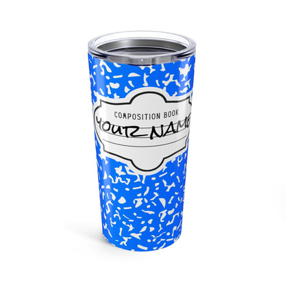 Personalized Composition Book Tumbler, Custom 20oz Travel Mug, Blue and White Insulated Cup, Ideal for Students, Teachers, Graduation Gift