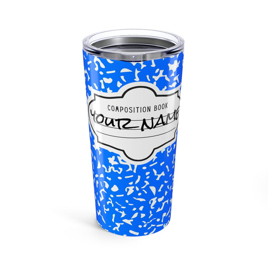 Personalized Composition Book Tumbler, Custom 20oz Travel Mug, Blue and White Insulated Cup, Ideal for Students, Teachers, Graduation Gift