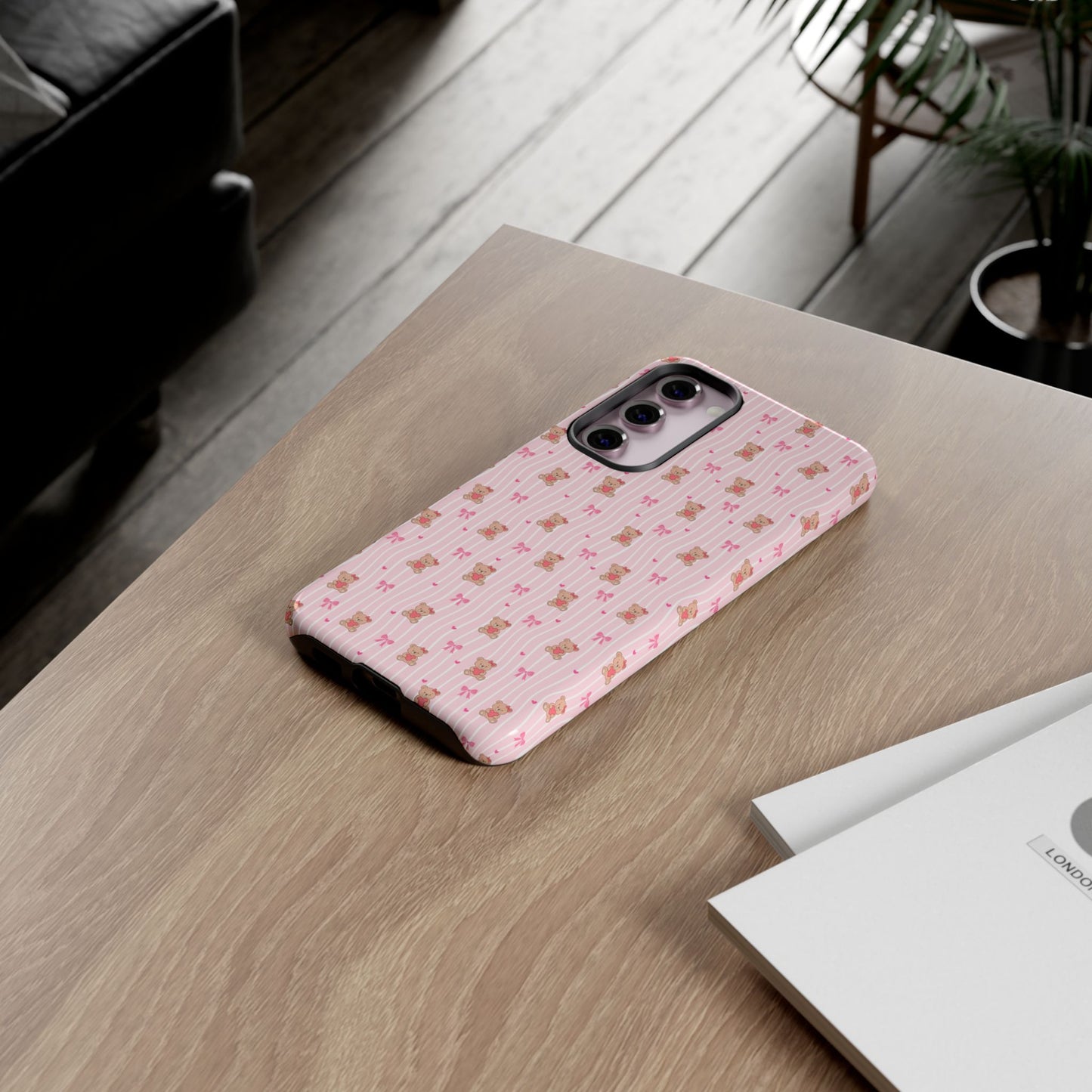 Cute Teddy Bear Pink Stripe Phone Case