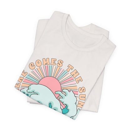 Unisex Beach Vibes Tee | Here Comes the Sun, Summer Shirt, Wave Art Tee, Gift for Ocean Lovers, Relaxed Summer Style