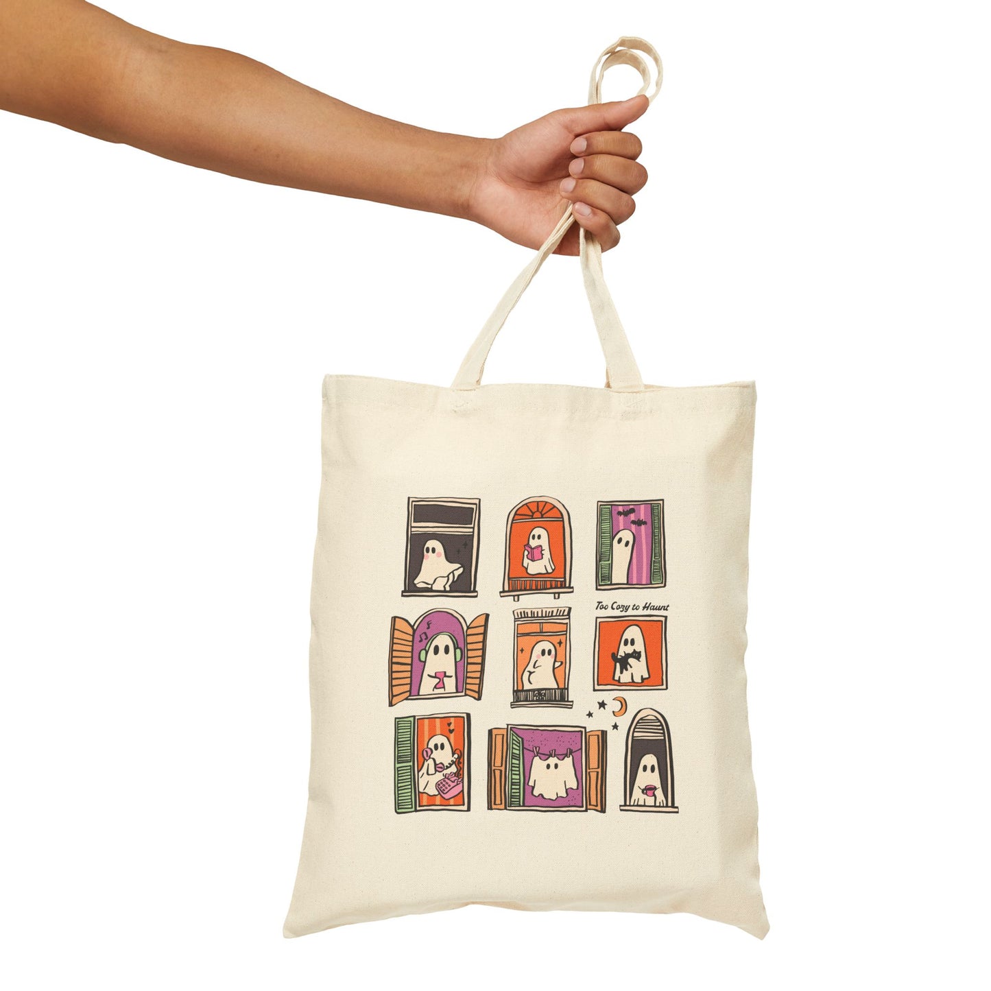 Whimsical Ghosts Cotton Canvas Tote Bag, Eco-Friendly Shopping Bag, Halloween Gift, Reusable Grocery Tote, Art Print Tote