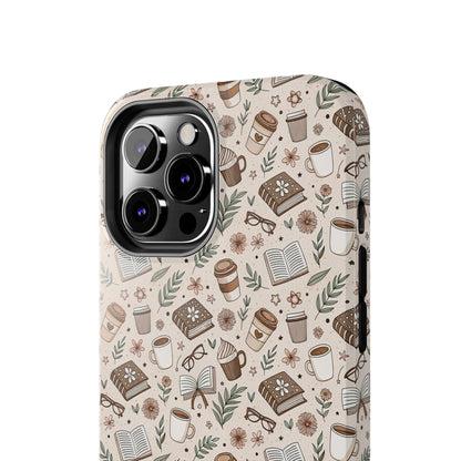 Cozy Books & Brews Tough Phone Cases - Literary Gift, Cute Coffee Pattern, Book Lover Accessory, Unique Phone Cover, Gift for Readers