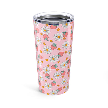 Floral Pattern Tumbler - 20oz Insulated Travel Mug, Pink Strawberry Design, Perfect for Summer Picnics, Gifts for Her, Reusable Drinkware