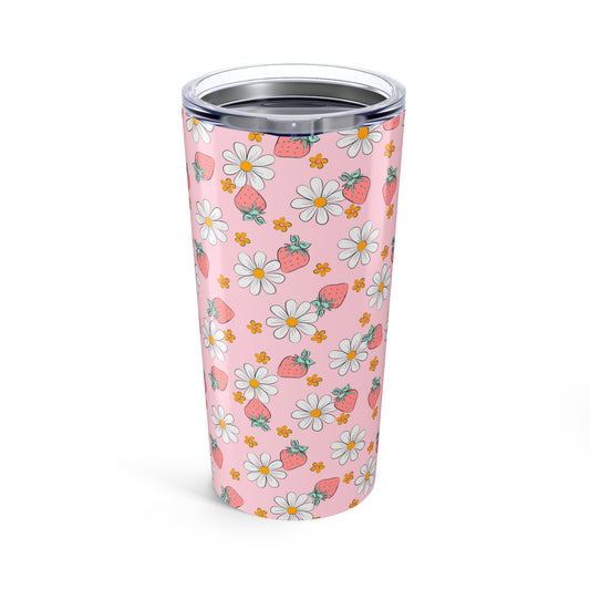 Floral Pattern Tumbler - 20oz Insulated Travel Mug, Pink Strawberry Design, Perfect for Summer Picnics, Gifts for Her, Reusable Drinkware