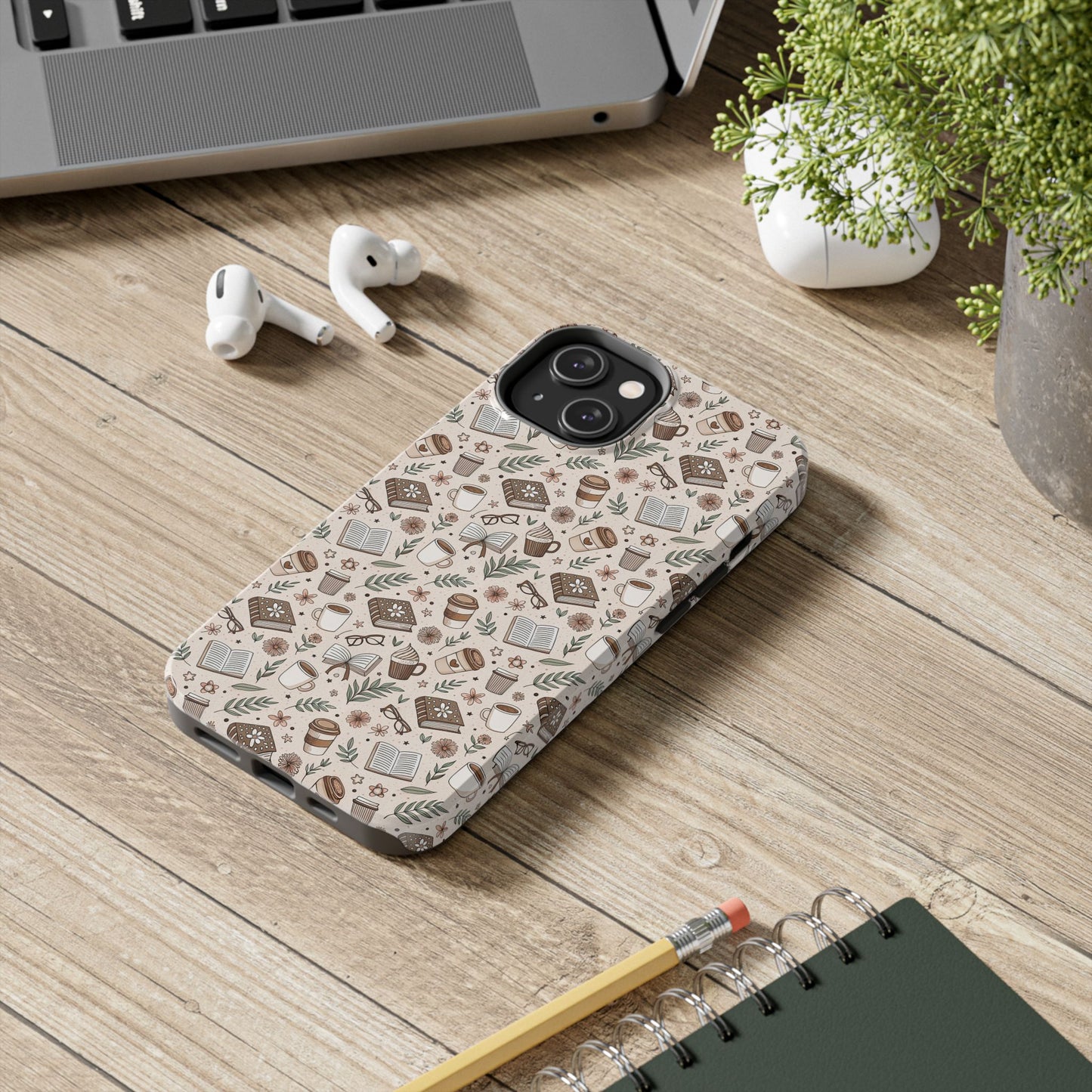 Cozy Books & Brews Tough Phone Cases - Literary Gift, Cute Coffee Pattern, Book Lover Accessory, Unique Phone Cover, Gift for Readers