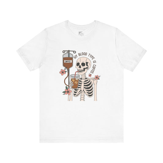 Coffee Lover's Skeleton Tee - Unisex Short Sleeve Shirt, Ideal Gift for Coffee Addicts, Fun Halloween Apparel, Quirky Coffee Shirt