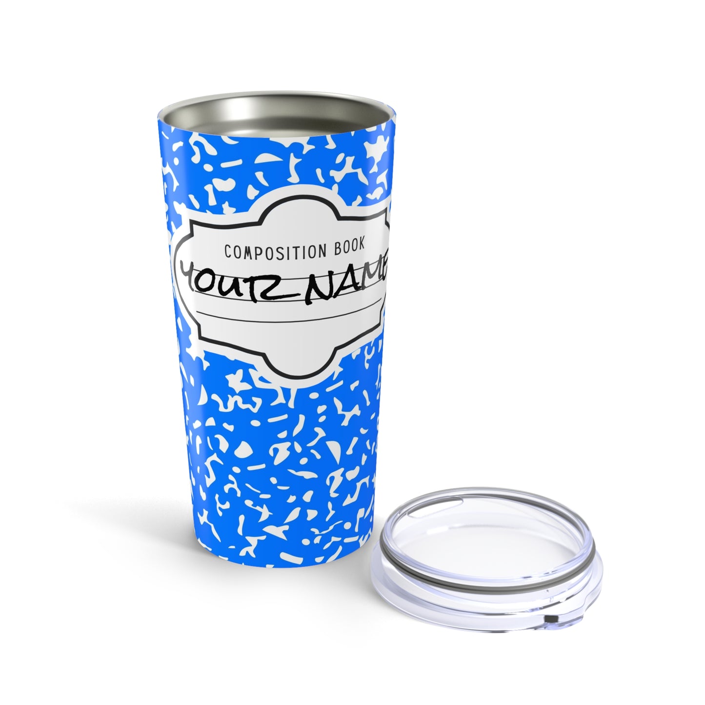 Personalized Composition Book Tumbler, Custom 20oz Travel Mug, Blue and White Insulated Cup, Ideal for Students, Teachers, Graduation Gift