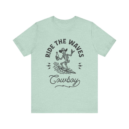 Surfing Skeleton Tee - Ride the Waves Cowboy Shirt, Beachwear, Summer Vibes, Gift for Surfers, Casual T-Shirt