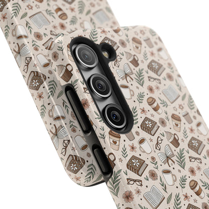 Cozy Books & Brews Tough Phone Cases - Literary Gift, Cute Coffee Pattern, Book Lover Accessory, Unique Phone Cover, Gift for Readers