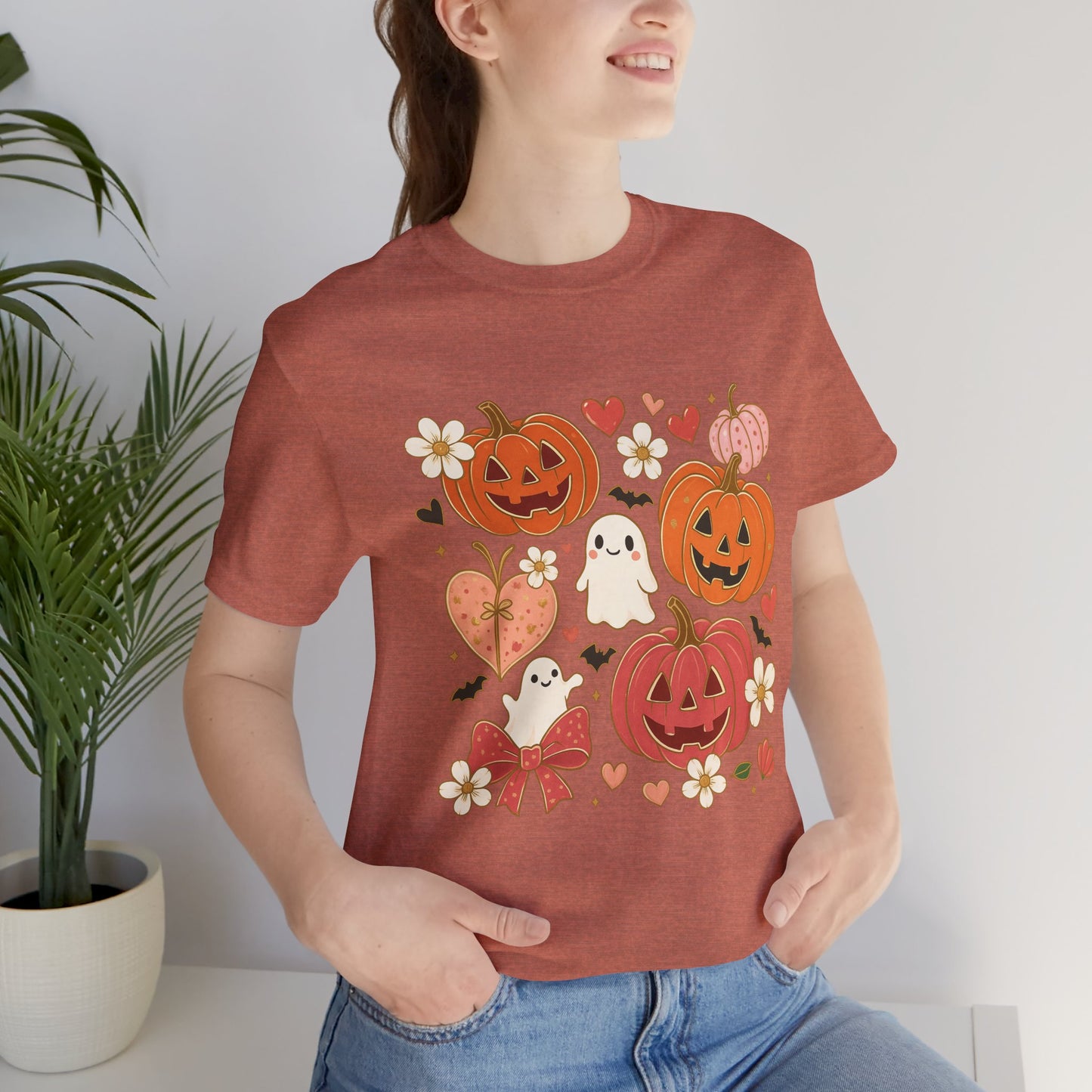 Halloween Ghost & Pumpkin Tee, Perfect for Fall, Halloween Parties, Cozy Autumn Wear, Unisex T-Shirt, Seasonal Gift Idea