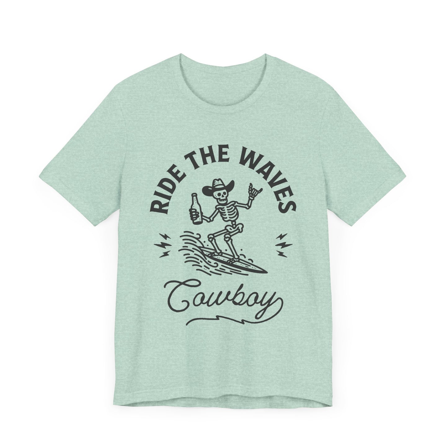 Surfing Skeleton Tee - Ride the Waves Cowboy Shirt, Beachwear, Summer Vibes, Gift for Surfers, Casual T-Shirt