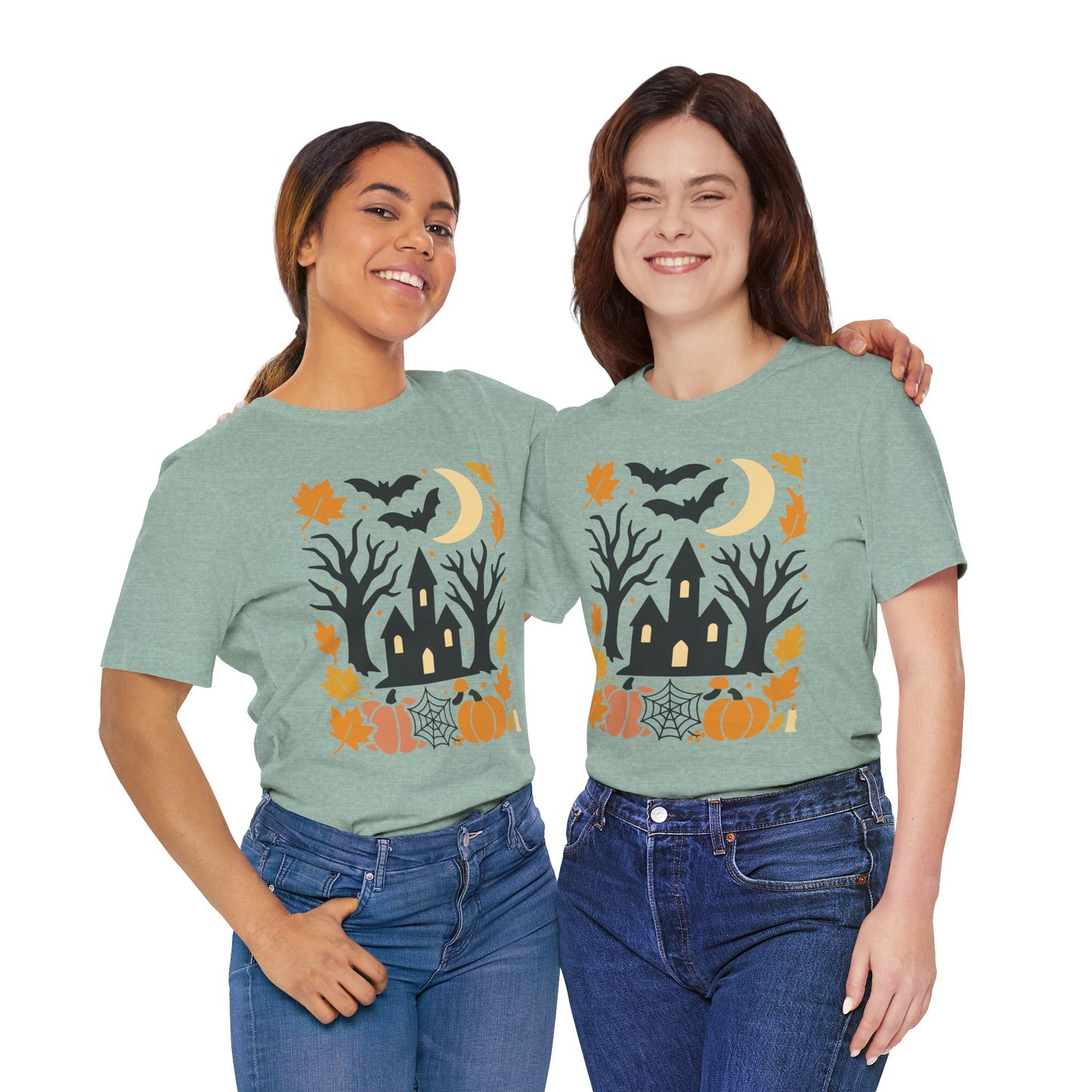 Halloween Haunted House Tee, Spooky Shirt, Fall Apparel, Unisex Halloween Top, Pumpkin & Bat Graphic Tee