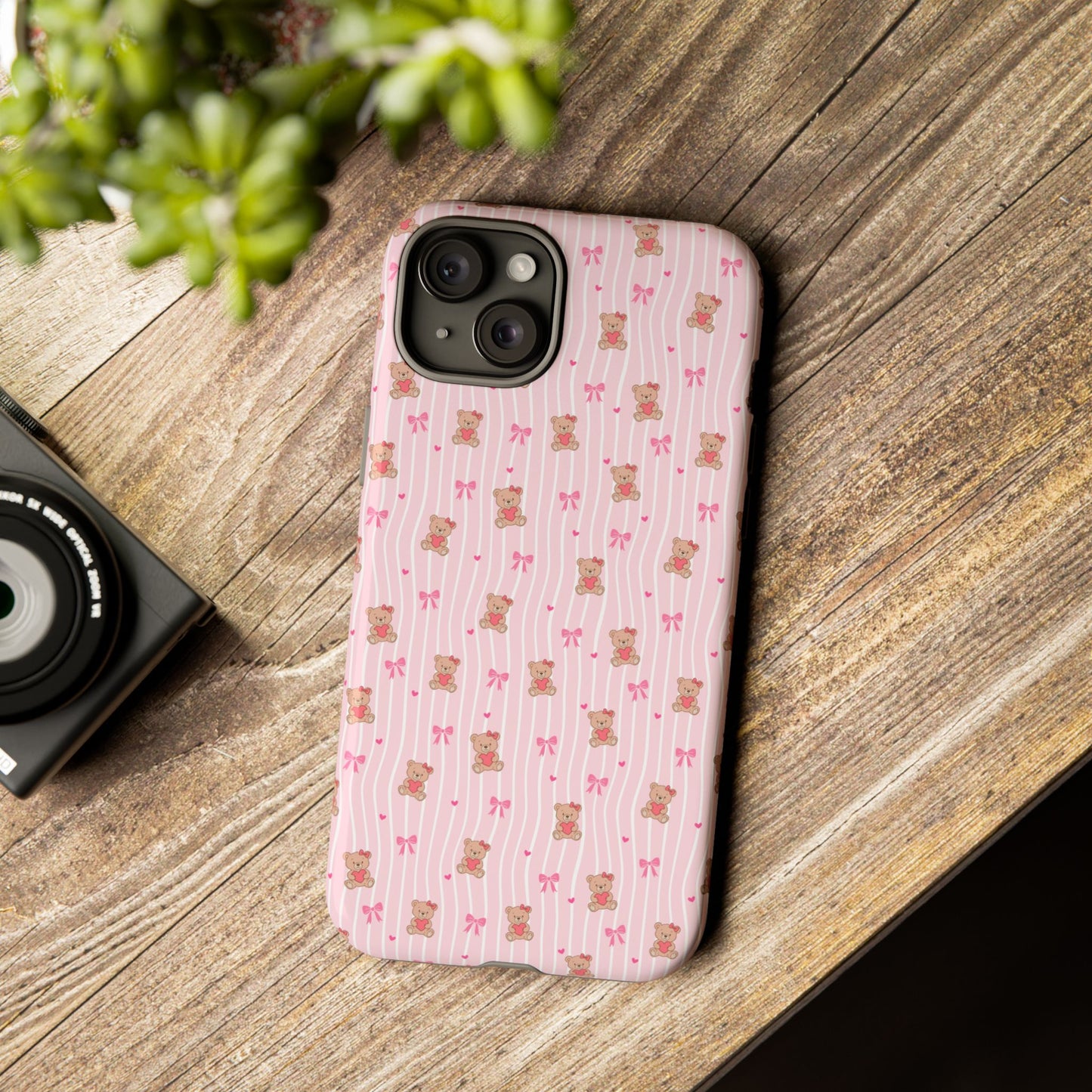 Cute Teddy Bear Pink Stripe Phone Case