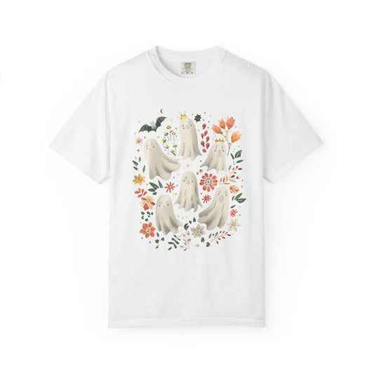 Whimsical Ghost T-Shirt | Halloween Apparel, Unisex Tee, Cute Ghost Design, Floral Graphic Tee, Casual Wear, Spooky Season