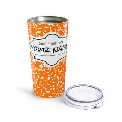 Personalized Composition Book Tumbler, Custom 20oz Travel Mug, Orange and White Insulated Cup, Ideal for Students, Teachers, Graduation Gift