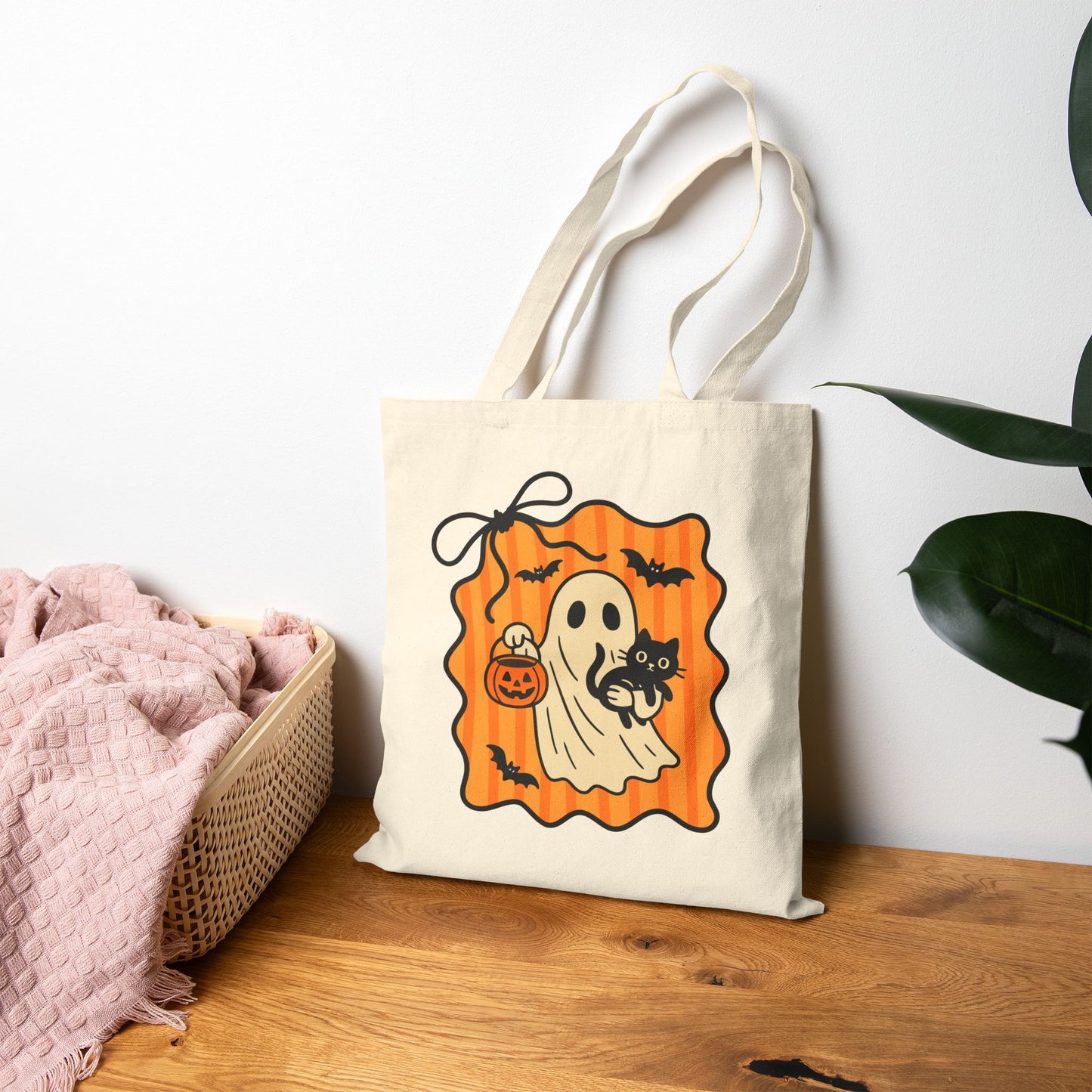 Spooky Ghost Cotton Canvas Tote Bag, Halloween Tote, Trick or Treat Bag, Eco-Friendly Shopping Bag, Cute Halloween Gift