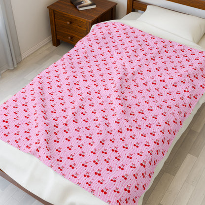 Pink Cherry Pattern Velveteen Plush Blanket — Soft Cozy Throw for Kids & Gifts