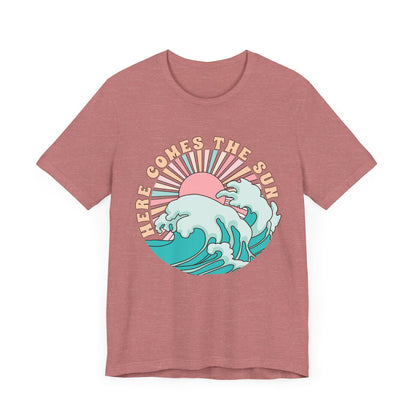Unisex Beach Vibes Tee | Here Comes the Sun, Summer Shirt, Wave Art Tee, Gift for Ocean Lovers, Relaxed Summer Style