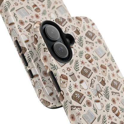 Cozy Books & Brews Tough Phone Cases - Literary Gift, Cute Coffee Pattern, Book Lover Accessory, Unique Phone Cover, Gift for Readers