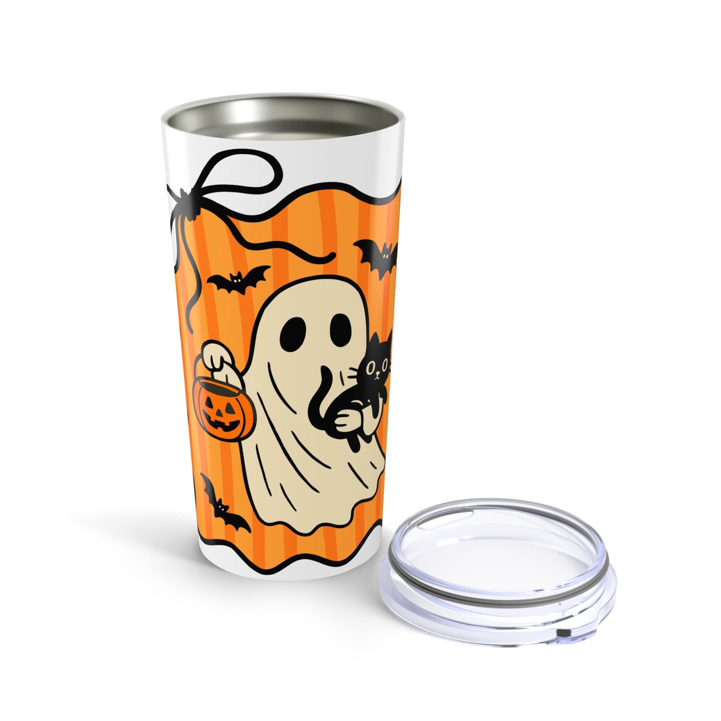 Halloween Ghost Tumbler 20oz - Spooky Drinkware, Halloween Party Gift, Fall Beverage Container, Cute Cat & Ghost Design, Travel Mug