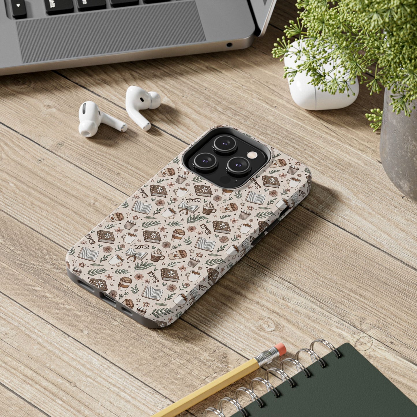 Cozy Books & Brews Tough Phone Cases - Literary Gift, Cute Coffee Pattern, Book Lover Accessory, Unique Phone Cover, Gift for Readers