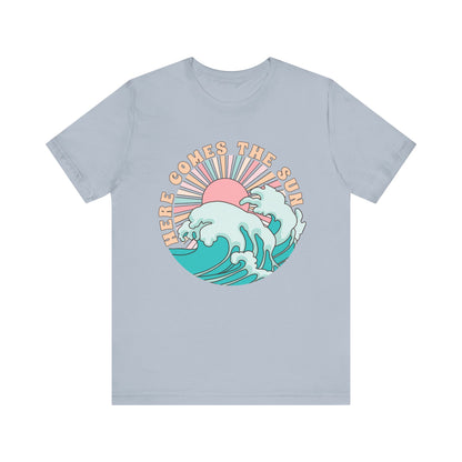 Unisex Beach Vibes Tee | Here Comes the Sun, Summer Shirt, Wave Art Tee, Gift for Ocean Lovers, Relaxed Summer Style