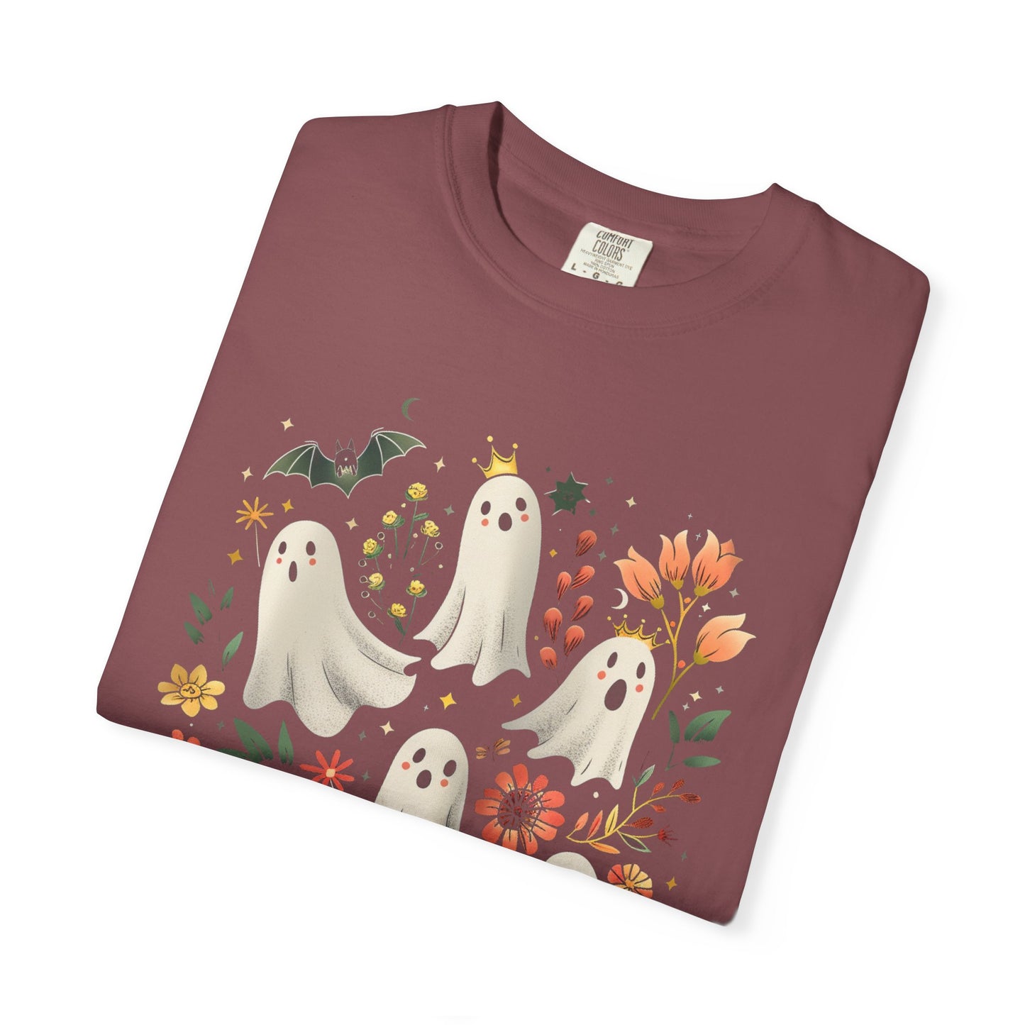 Whimsical Ghost T-Shirt | Halloween Apparel, Unisex Tee, Cute Ghost Design, Floral Graphic Tee, Casual Wear, Spooky Season