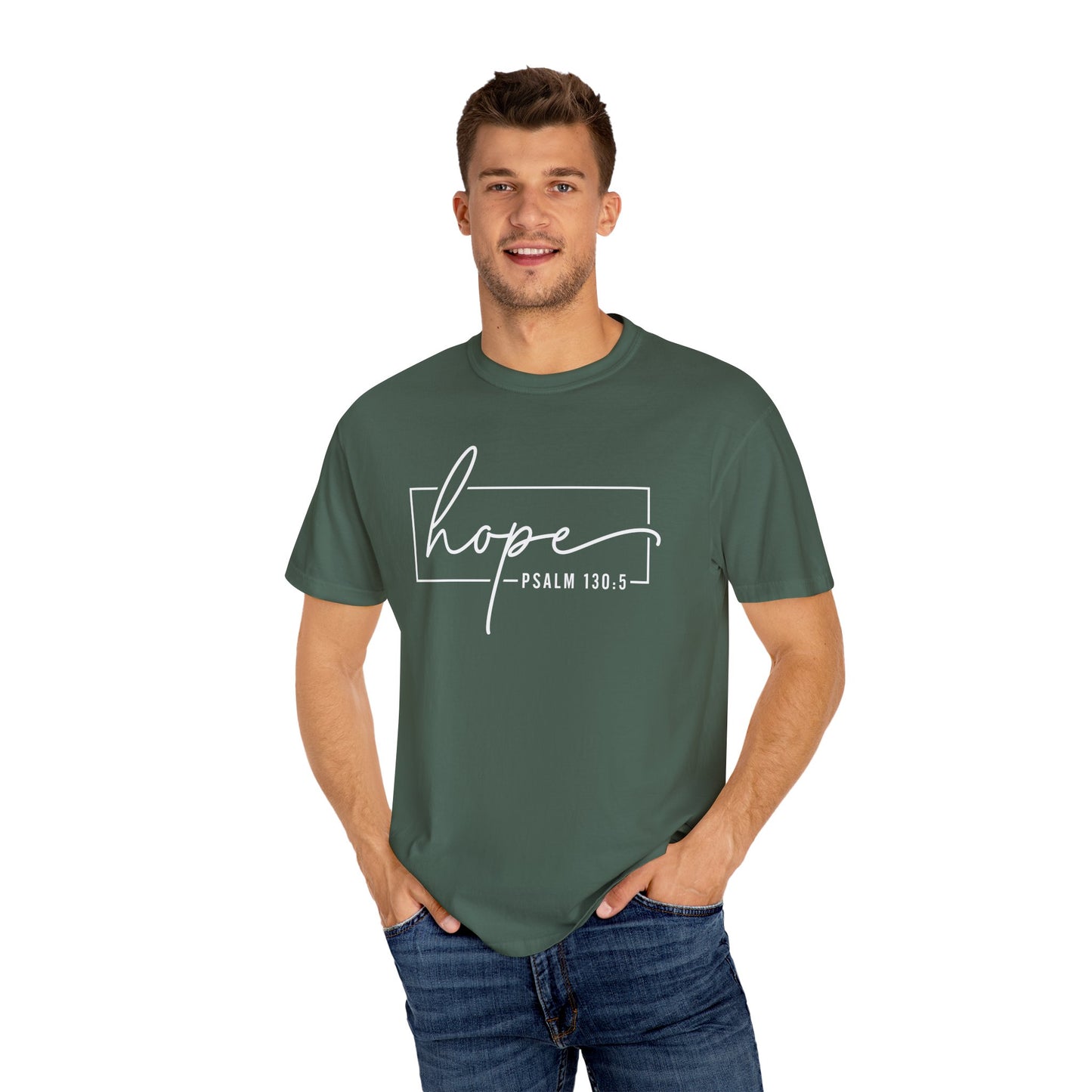 Hope T-Shirt, Garment-Dyed Tee, Inspirational Apparel, Christian Gift, Faith-Based Fashion, Psalm 130:5 Quote Shirt