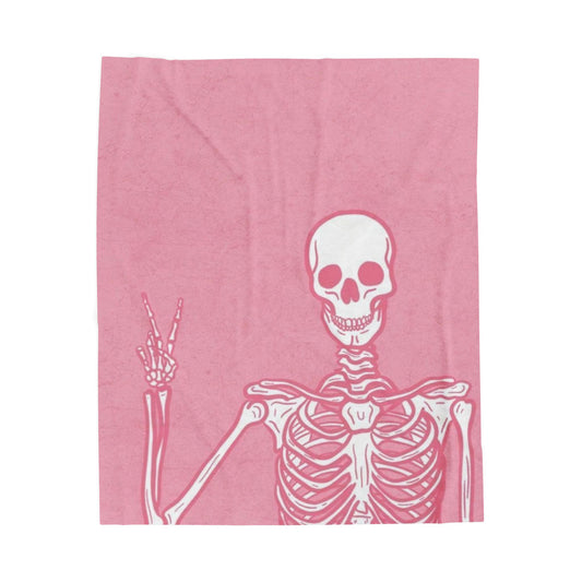 Pink and White Skeleton Velveteen Plush Blanket, Halloween Velveteen Blanket