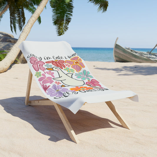 Funny Floral Beach Towel - 'Sorry I'm Late I Was Ducky Dallying'