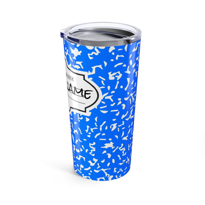 Personalized Composition Book Tumbler, Custom 20oz Travel Mug, Blue and White Insulated Cup, Ideal for Students, Teachers, Graduation Gift