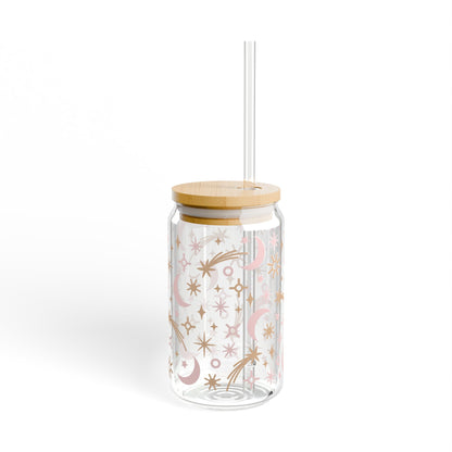 Celestial Sipper Glass, Starlit Water Bottle, Moon and Star Drinkware, Eco-Friendly Jar with Straw, Perfect for Gifts and Home Decor