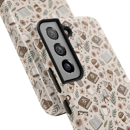 Cozy Books & Brews Tough Phone Cases - Literary Gift, Cute Coffee Pattern, Book Lover Accessory, Unique Phone Cover, Gift for Readers