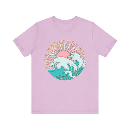 Unisex Beach Vibes Tee | Here Comes the Sun, Summer Shirt, Wave Art Tee, Gift for Ocean Lovers, Relaxed Summer Style