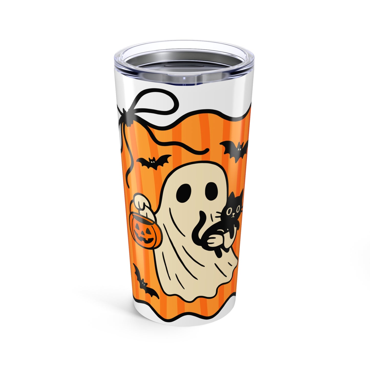 Halloween Ghost Tumbler 20oz - Spooky Drinkware, Halloween Party Gift, Fall Beverage Container, Cute Cat & Ghost Design, Travel Mug