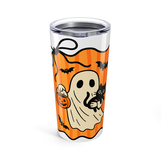 Halloween Ghost Tumbler 20oz - Spooky Drinkware, Halloween Party Gift, Fall Beverage Container, Cute Cat & Ghost Design, Travel Mug